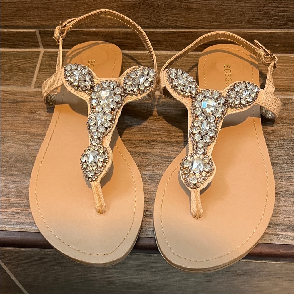 BCBGeneration Beige Sandals with Crystal Accents